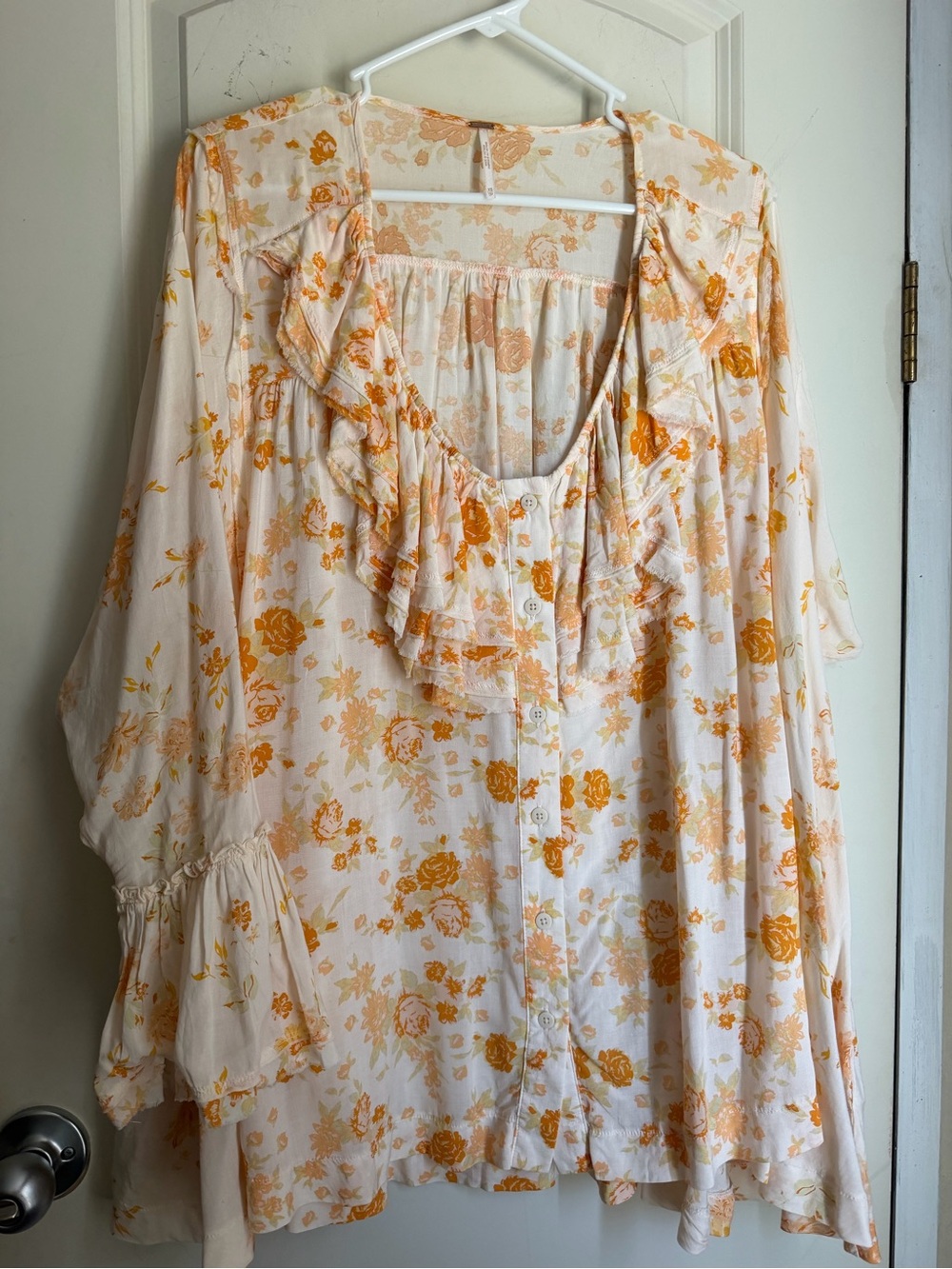 FREE PEOPLE Lorretta Floral Tunic Boho Floral Print XS Victorian Lagenlook ruffl